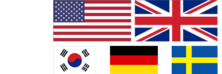 Flags of US, UK, South Korea, Germany, and Sweden