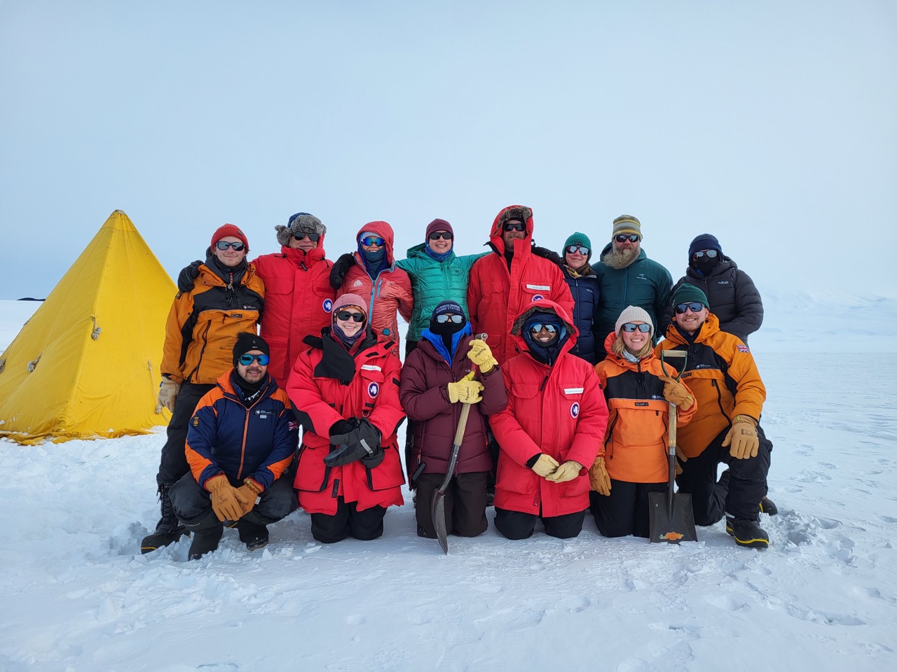 The TIME project field team stops for a group photo during safety training near McMurdo. Photo credit: Marianne Karplus