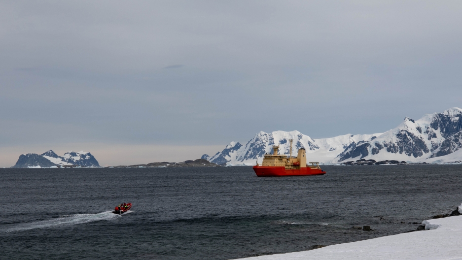 The Nathaniel B. Palmer anchored off the Rothera research station near the Antarctic Peninsula. Photo credit: Carolyn Beeler