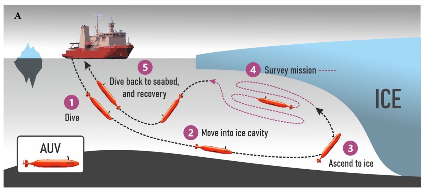 The autonomous underwater vehicle Ran was programmed to perform missions under the ice shelf. An advanced multibeam sonar was used to map the base of the ice at a distance of about 50 metres. Illustration: Anna Wåhlin/Science Advances