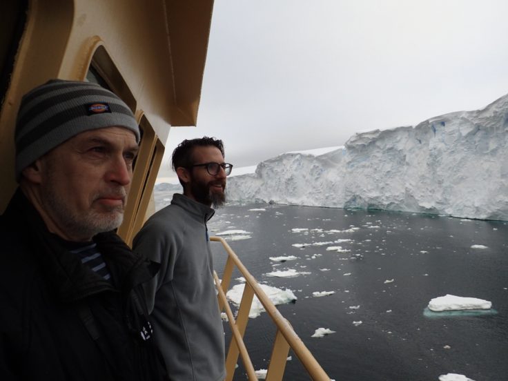 Rob Larter from BAS (left) with lead author Ali Graham at the ice front of Thwaites Glacier in 2019.