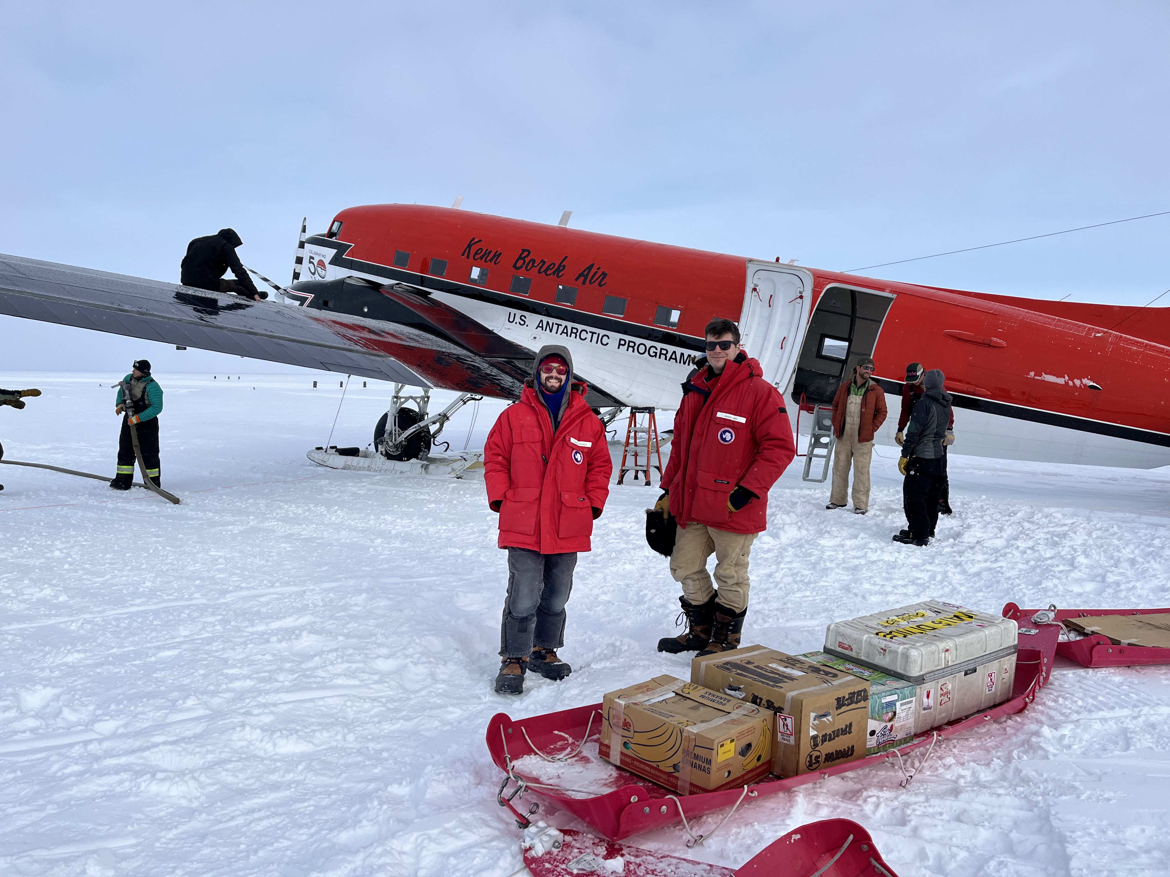 Paul Summers (left) and Danny May (right) arrive at WAIS Divide on the Kenn Borek Air Basler. Photo by Marianne Karplus.