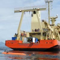 After a successful release from the Palmer, the AUV sits for 10 minutes at the surface to fill with water before heading off on its four hour test mission in the Straits of Magellan 