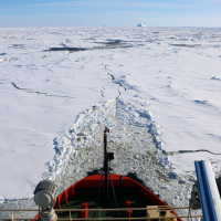 The Nathaniel B. Palmer icebreaking en route to Rothera. Photo credit: Linda Welzenbach/Rice University