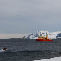 The Nathaniel B. Palmer anchored off the Rothera research station near the Antarctic Peninsula. Photo credit: Carolyn Beeler