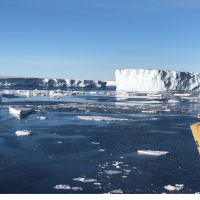 Scientist Ali Graham on the bridge of the Nathaniel B. Palmer near Thwaites glacier in Antarctica. Photo credit: Jeff Goodell