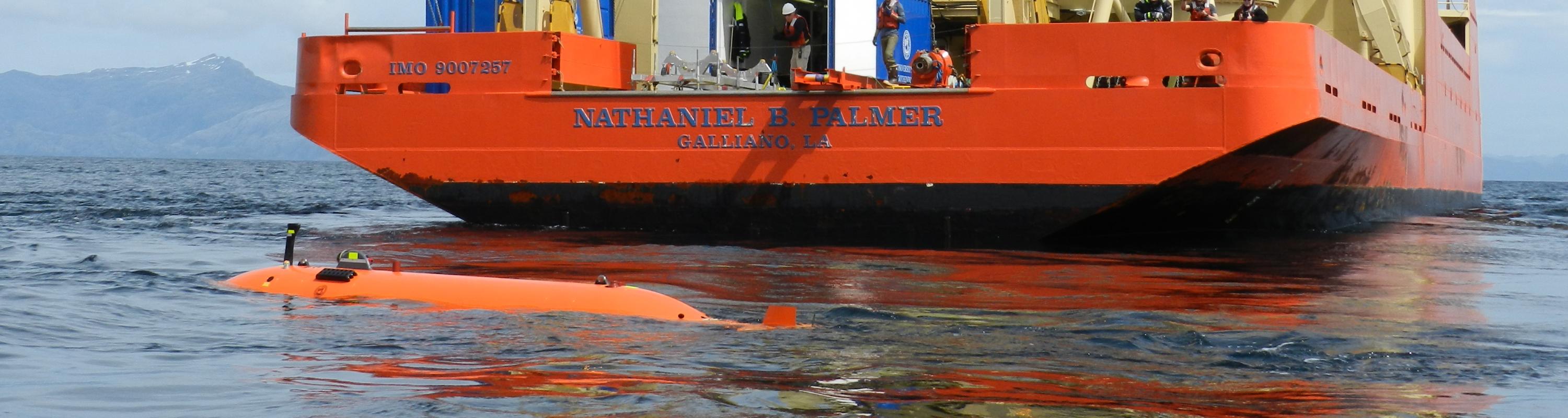 After a successful release from the Palmer, the AUV sits for 10 minutes at the surface to fill with water before heading off on its four hour test mission in the Straits of Magellan 