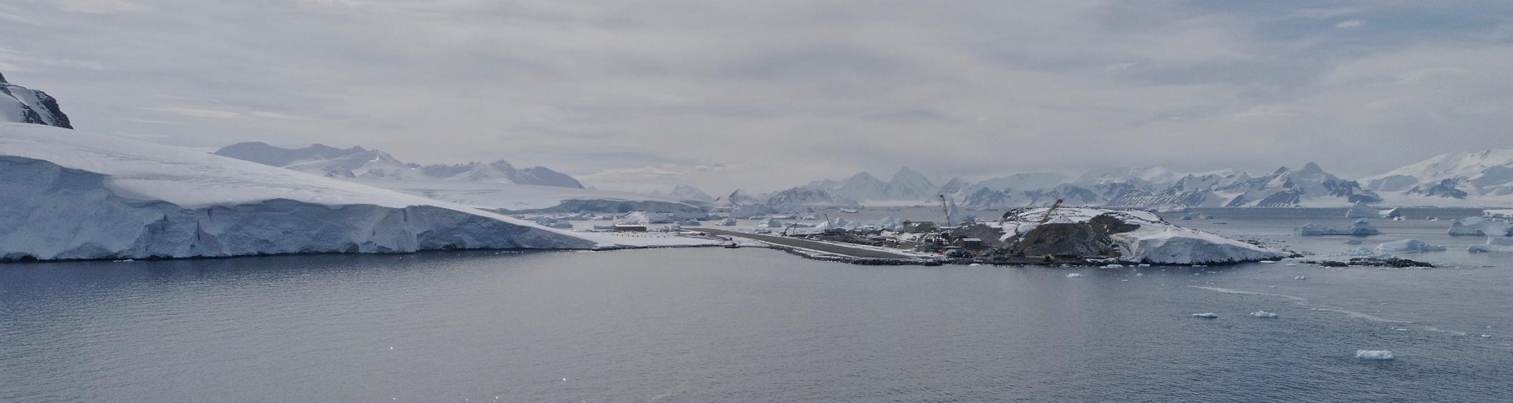 View of Rothera Station from a drone above the Nathaniel B. Palmer. Photo credit: Aleksandra Mazur